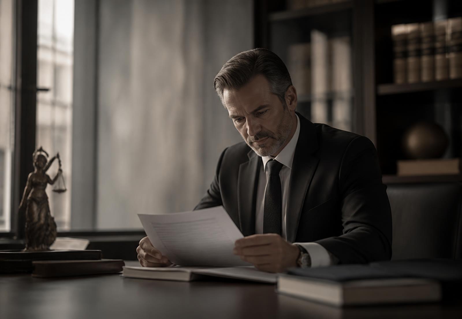 Asesor jurídico revisando documentos en una oficina profesional